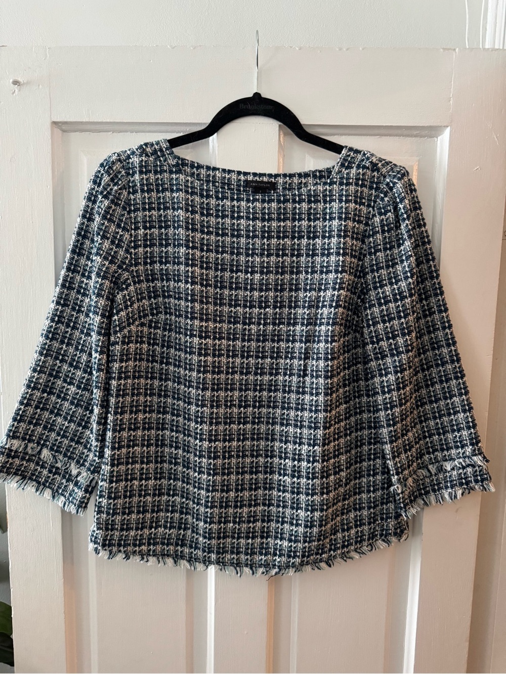 Ann Taylor Navy and White Tweed Boatneck Blouse with Fringe Accents